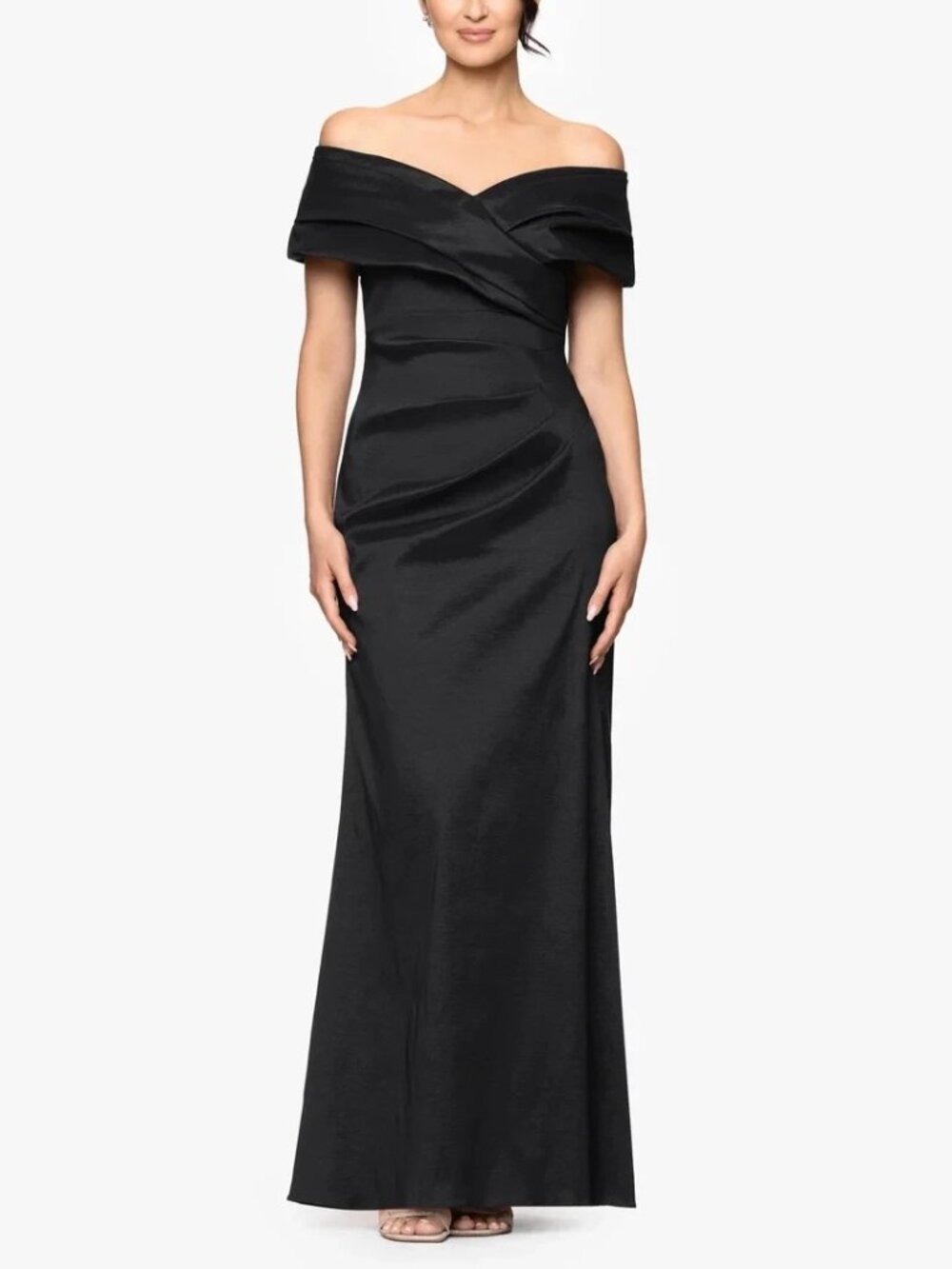 Betsy & Adam Black Taffeta Off the Shoulder Gown